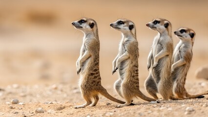 Fototapeta premium a group of four meerkats standing on a sandy terrain