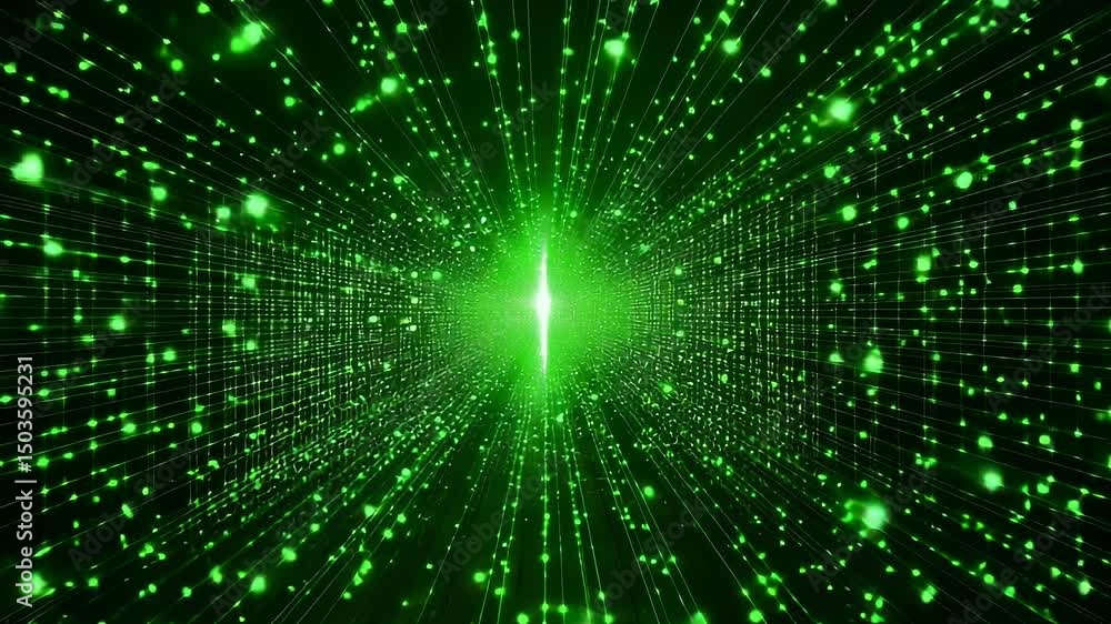 Poster abstract digital tunnel with green glowing particles and data streams moving, future