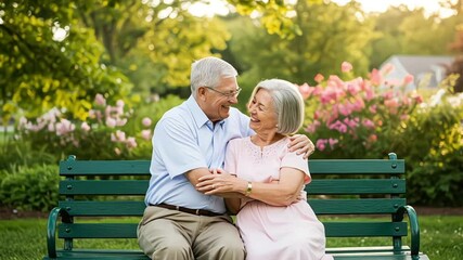 Senior couple embracing tenderly on a park bench in a loving moment - Powered by Adobe