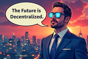 An illustration of a tech-savvy professional in a suit, wearing sunglasses with blockchain symbols, set against a urban landscape, with a speech bubble proclaiming "The Future is Decentralized"