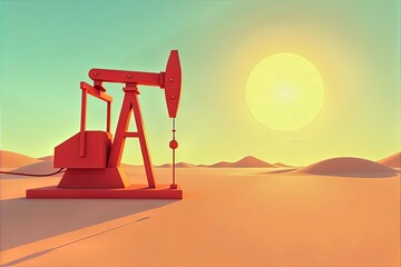 Low-poly oil pump station in a cartoon desert, exaggerated sun rays, clean geometric shapes, minimalist style