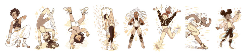 Fototapeta premium A series of eight diverse figures in dynamic poses, suggesting various forms of dance, movement, or performance, with expressive body language and a warm color palette.