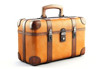 Vintage Leather Suitcase: Tan Travel Luggage with Brown Straps and Handle on White.