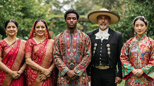 Diverse group of people in traditional cultural attire standing together