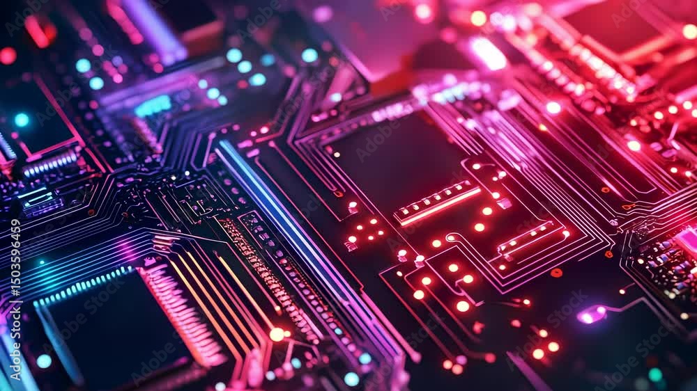 Poster futuristic circuit board with glowing components and data transmission signals