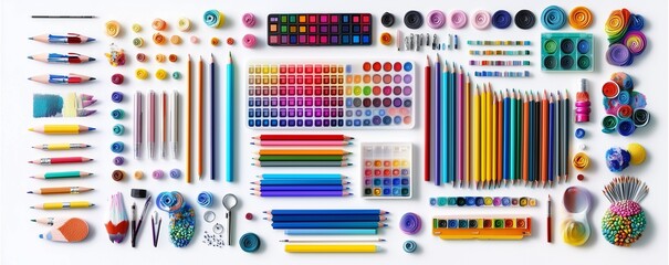 Fototapeta premium Mini top view of organized creative tools including graphic tablet, pencils and color palette, collection, isolated on white background 