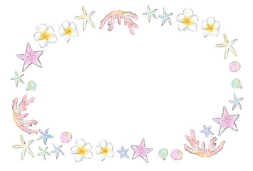 珊瑚とヒトデと貝殻とプルメリアの南国をイメージした水彩イラスト囲みフレーム