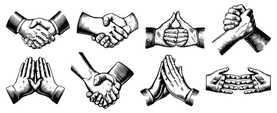 Eight different hand gestures and handshakes are depicted in a vintage, woodcut-style illustration, showcasing various forms of interaction.