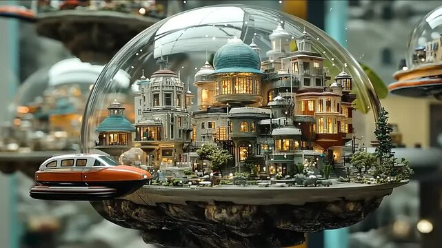 Miniature futuristic cityscape inside glass domes with vintage cars and lush greenery