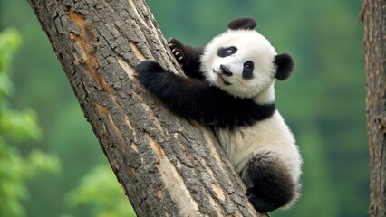 Obraz premium a young panda bear clinging to a tree trunk. The panda has a distinctive black and white fur pattern, with black ears, eye patches, and limbs, and a white face and body 