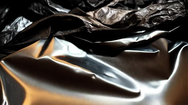 Dramatic abstract of wrinkled shiny dark material with light reflections creating dimensional textured folds and creases for striking background