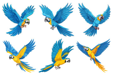 Obraz premium A cartoon Macaw with its wings spread out, Scarlet macaw flying, cartoon bird of tropical jungle, Big yellow and blue parrot, flight of cartoon blue and gold macaw, set