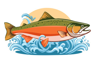 Fototapeta premium Illustration of a jumping atlantic salmon fish (Salmo salar) Leaping Salmon isolated on white background, fish jumping out of water, Salmon fish jumping out of river water