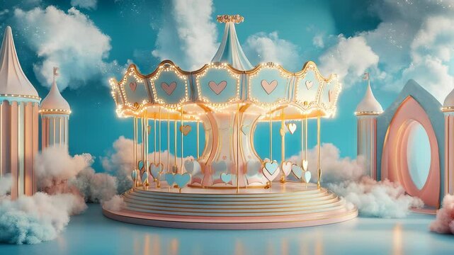 Enchanting Carousel Scene with Hearts and Dreamy Clouds in Pastel Colors Background