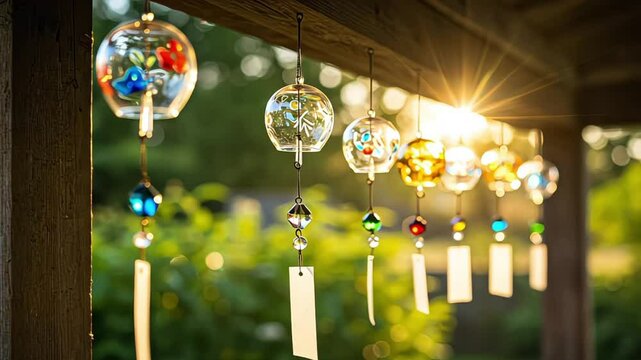 Glass wind chimes hanging outdoors with sunlight shining through