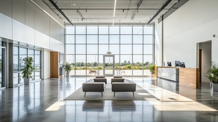Fototapeta premium Modern office interior featuring large windows and minimalist design