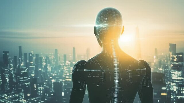 Futuristic Alien Silhouette Contemplating the Modern Urban Landscape, a Vision of Tomorrow