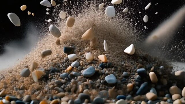 Slow explosion of gravel and pebbles against a plain black screen dynamic,  engaging new elements for an existing shot, entirely fresh video content design