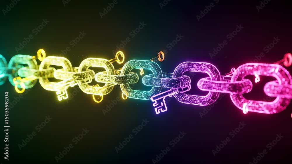 Poster colorful neon glowing chain with keys: representing blockchain technology security
