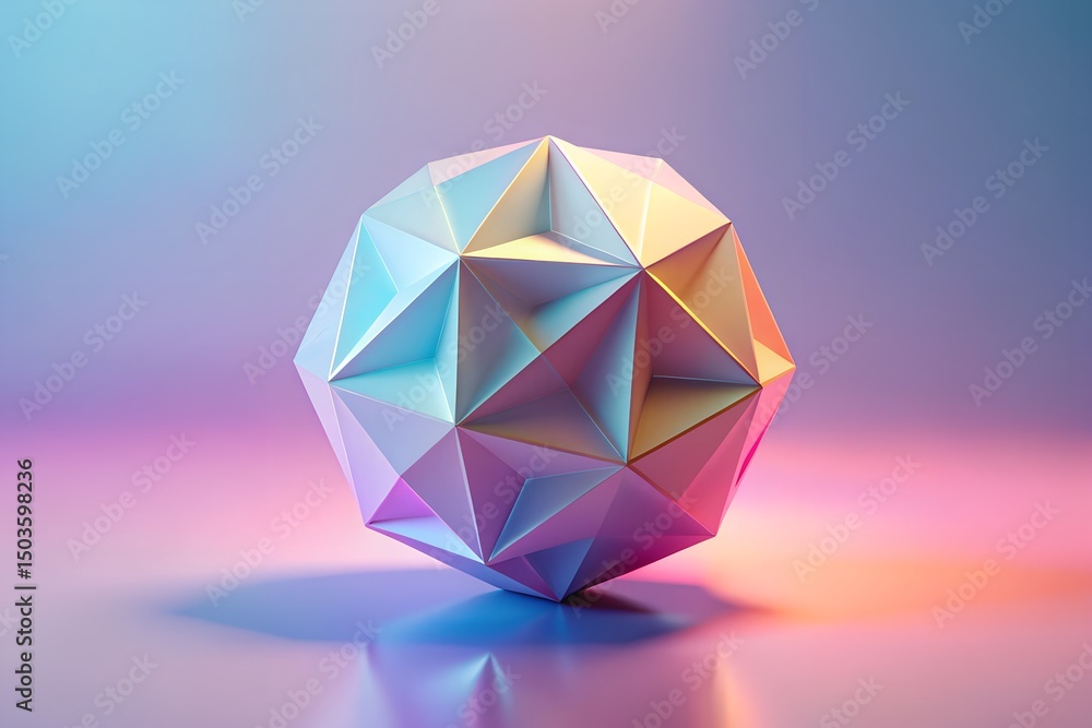 Wall mural abstract digital rendering of iridescent geometric sphere with polygonal faces in vibrant hues repre