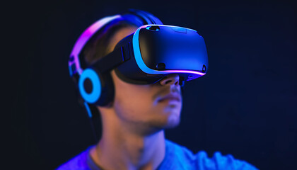 A young adult uses a virtual reality headset, appearing lost in an immersive, tech-driven world full of color and digital light.