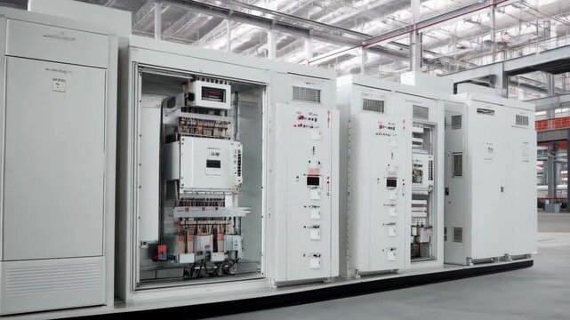 Electrical control cabinets stand in large industrial production facility or factory environment, providing vital system management
