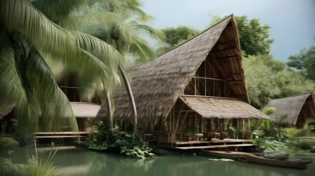 Tropical thatch roofed bungalows reflected in calm river water surrounded by lush green foliage and palm trees creating a tranquil vacation setting