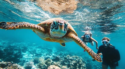 A happy family of three snorkeling in the Maldives