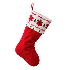 Handmade christmas red stocking with festive pattern, unique holiday decoration, festive season, winter wonderland, bright red fabric..