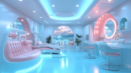 Futuristic salon interior design, ocean view