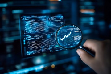 Magnifying glass over rising graph on digital screen, dark blue server room background, financial analysis concept.