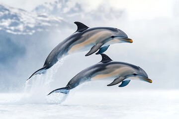 Fototapeta premium Dolphins leaping with ocean, and mountains.
