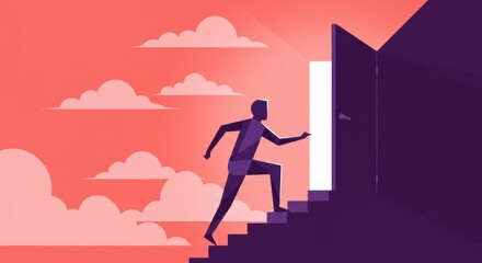 Man in suit ascending staircase towards open door with bright light and clouds