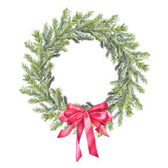 Watercolor green Christmas tree fir wreath and red ribbon bow isolated on white background. Circle frame border template. Hand-drawn clipart with copy space for New Year invite and wallpaper