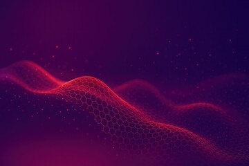 A dynamic wave of glowing red hexagonal grid lines floating in a purple space, creating a futuristic digital look