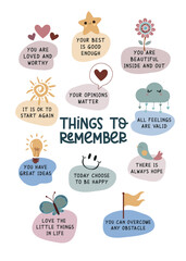 Things to remember cute poster, therapy office decor, counseling poster, self care poster, mental health for kids