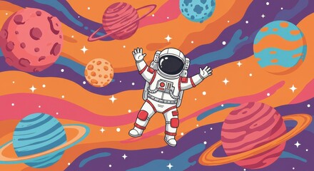 Fototapeta premium Astronaut floating in space with colorful planets and celestial bodies