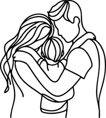 Loving Family Embrace: Line Art Illustration of Parents Hugging Child