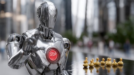 Chrome robot pushing red stop button, repelling rubber ducks drifting across urban waterscape, merging technological whimsy with unexpected visual narrative
