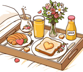 Romantic Bed Tray Breakfast with Flowers and Juice