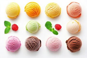 Collection of assorted ice cream scoops in various flavors isolated on white background