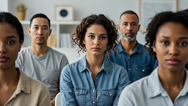 Diverse group of people looking forward attentively together