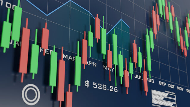 3D illustration of candlestick chart showing market price movement with volume and trend lines