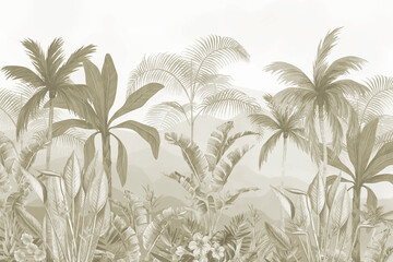 Subtle Green Tropical Forest with Palm Trees, Soft Botanical Landscape Wallpaper
