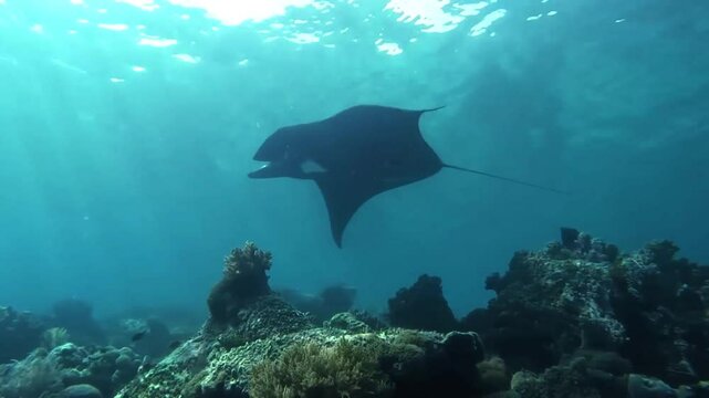 Manta ray gliding over coral reef.
