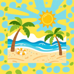 Fototapeta premium A beach scene with palm trees and a yellow and blue background. The sun is shining brightly, and there is a beach ball on the sand