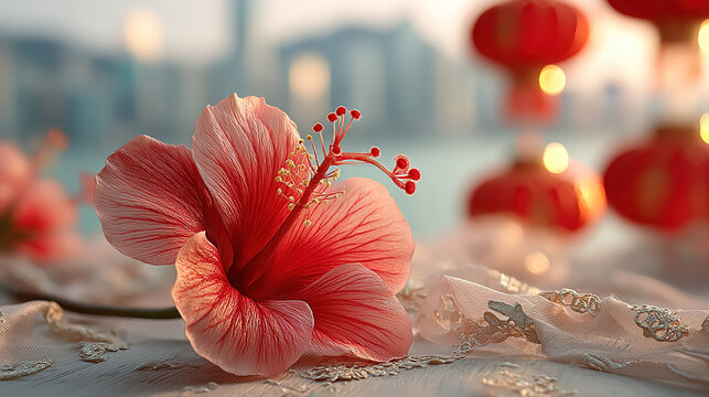 Close-up of a red bauhinia brooch on silk, golden light on petals, festive city backdrop - celebrating Hong Kong's establishment day with elegance.