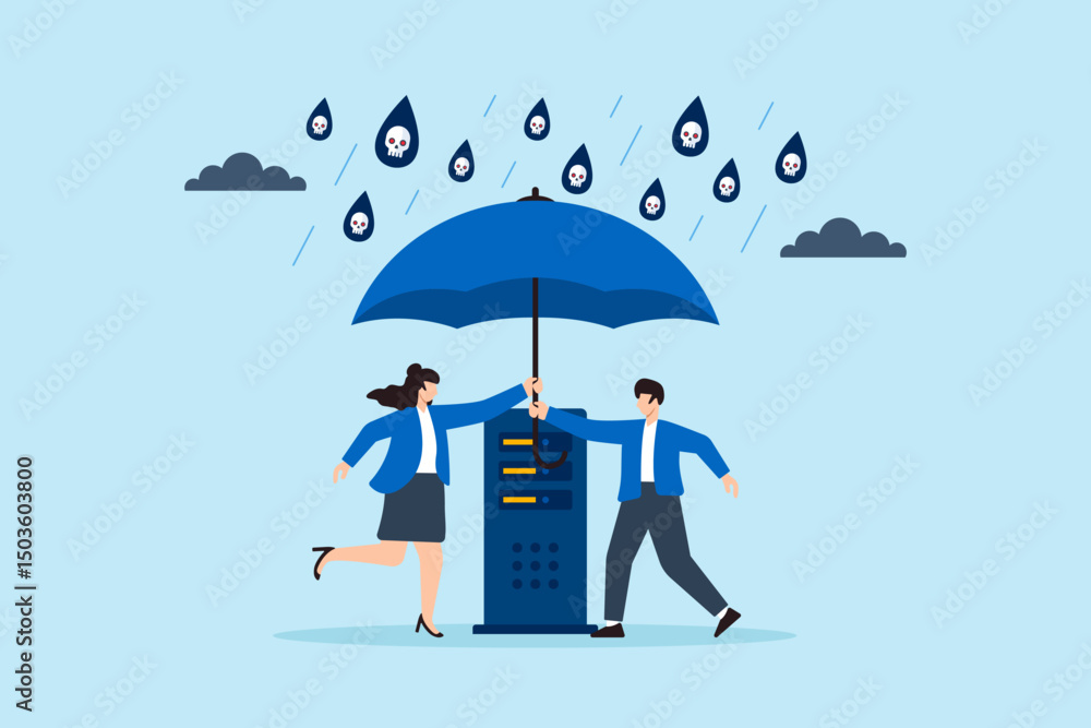 Poster flat illustration of two people installing umbrella shield over server to block malware rain and pro
