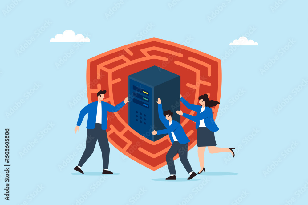 Poster flat illustration of three people placing server inside maze firewall to confuse hackers and guard d