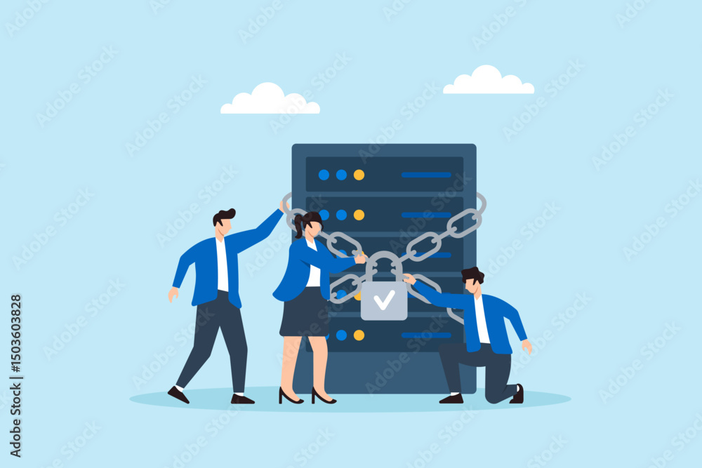 Poster flat illustration of three people wrapping server with chain links padlock for data encryption and n